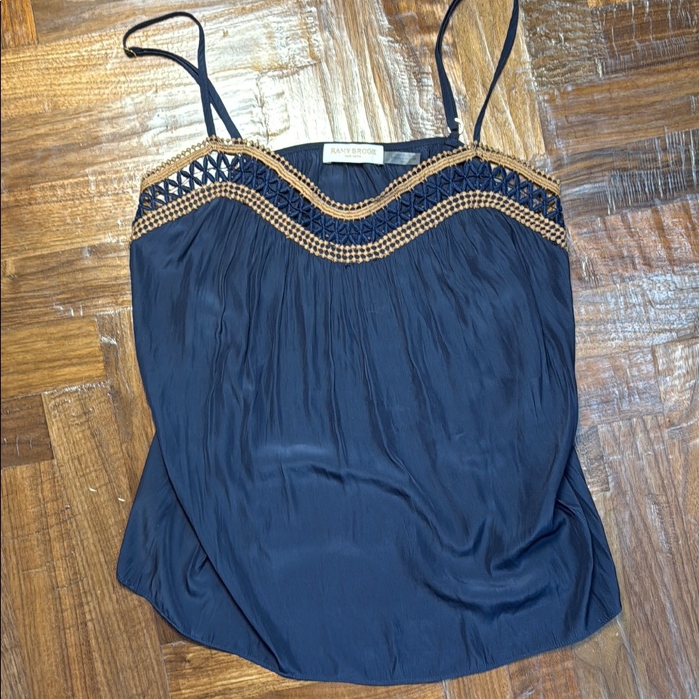 Ramy Brook Navy Silk Cami with Gold Crochet Trim – Size S